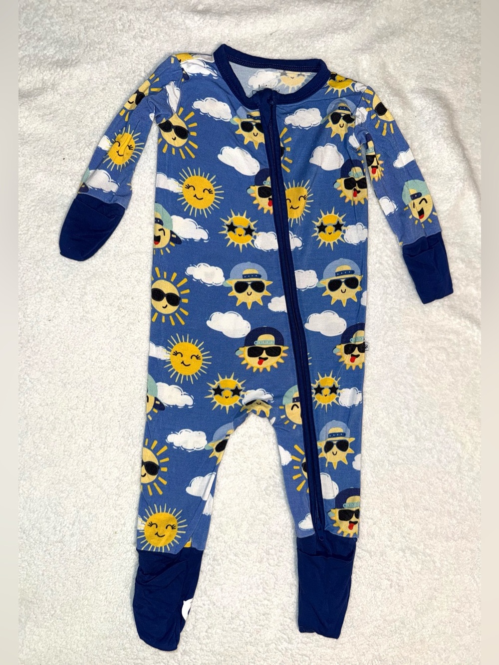 Birdie Bean sunshine and clouds blue Bambi viscose zippy, size 0-3 mos